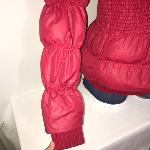 Bebe Cherry Red Bomber Puffer Gold Belted Jacket - Picture 8 of 15